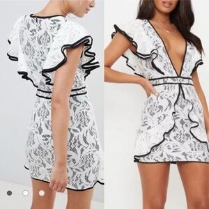 PRETTYLITTLETHING contrast lace mini ruffle dress black white plunge neck XS sz2